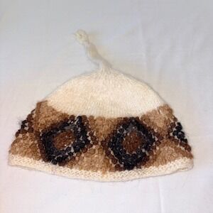 Handmade alpaca Peruvian Knit Beanie Hat Cream Brown Geometric Pattern Tassel